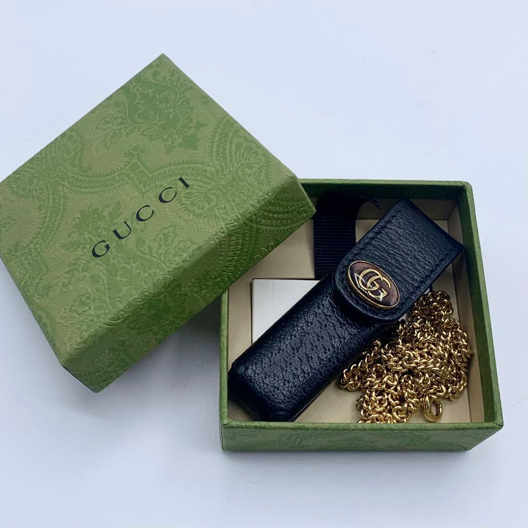 新品】GUCCI リップケース ネックレス ブラック オシャレ GG レザー