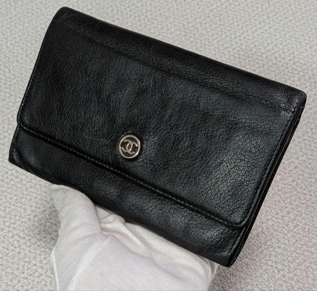 シャネル　ミニ財布　シルバーココ　カーフスキン 黒　ショルダー　カードケース