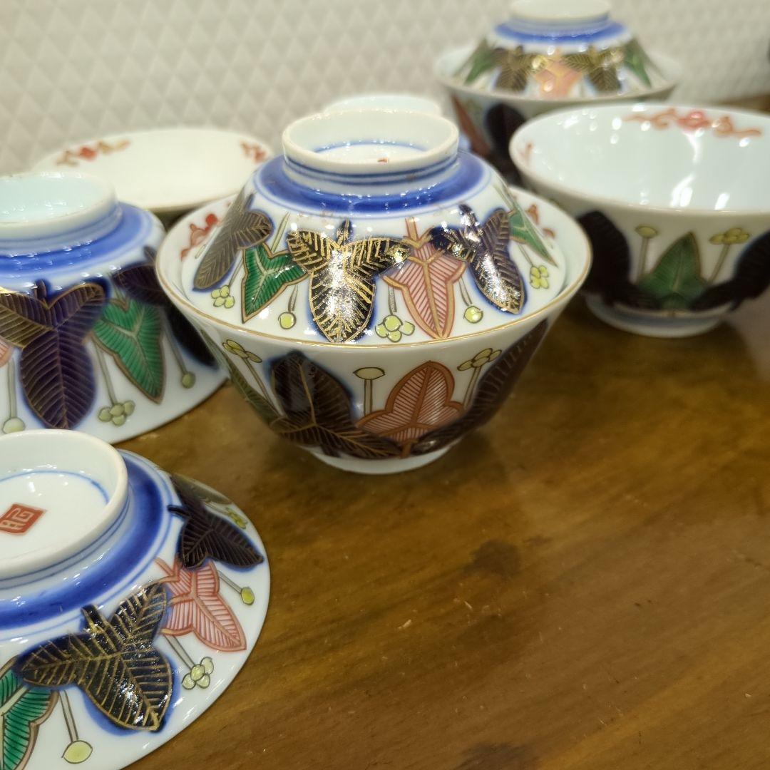 骨董 蓋茶碗 茶碗 陶器 色絵 煮物椀 向付 アンティーク 5つ〜