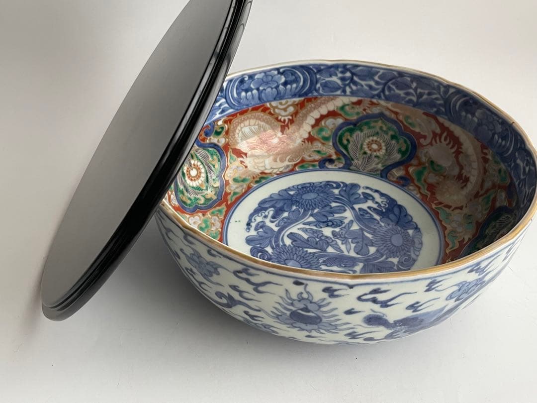 骨董 アンティーク 古伊万里 色絵 金襴手 染錦 龍文 鉢 深鉢 平水指 茶道具