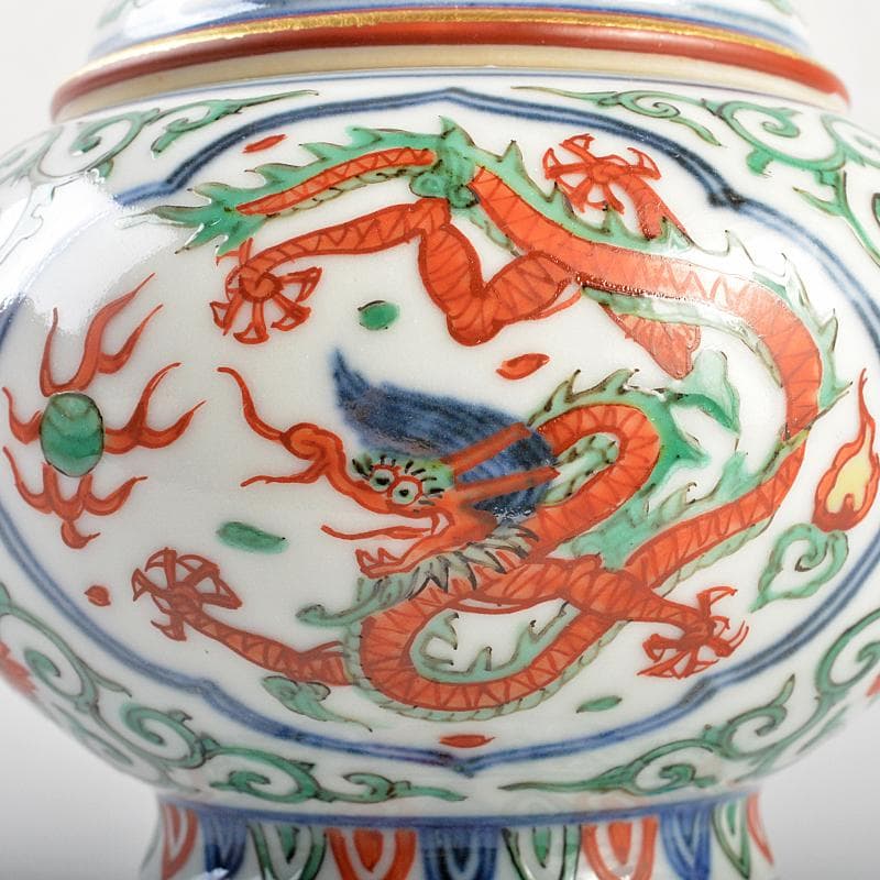 篩月庵 三浦竹泉造 赤絵金彩 花唐草龍文 双耳遊環香炉 共布共箱 J