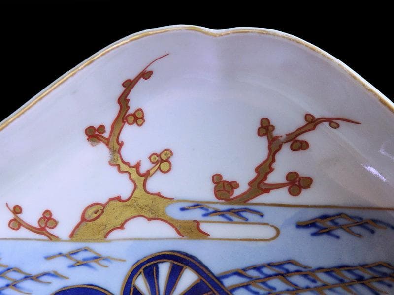 古伊万里 染錦 青海波に梅の図 菱形変形皿 5客 534AS-