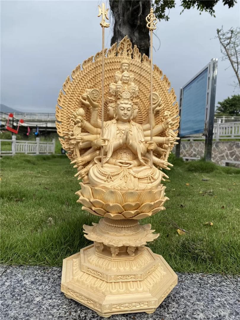 観音様 自在観音菩薩 木彫り 仏像 座像 仏教美術 置物 総柘植材 仏教工芸