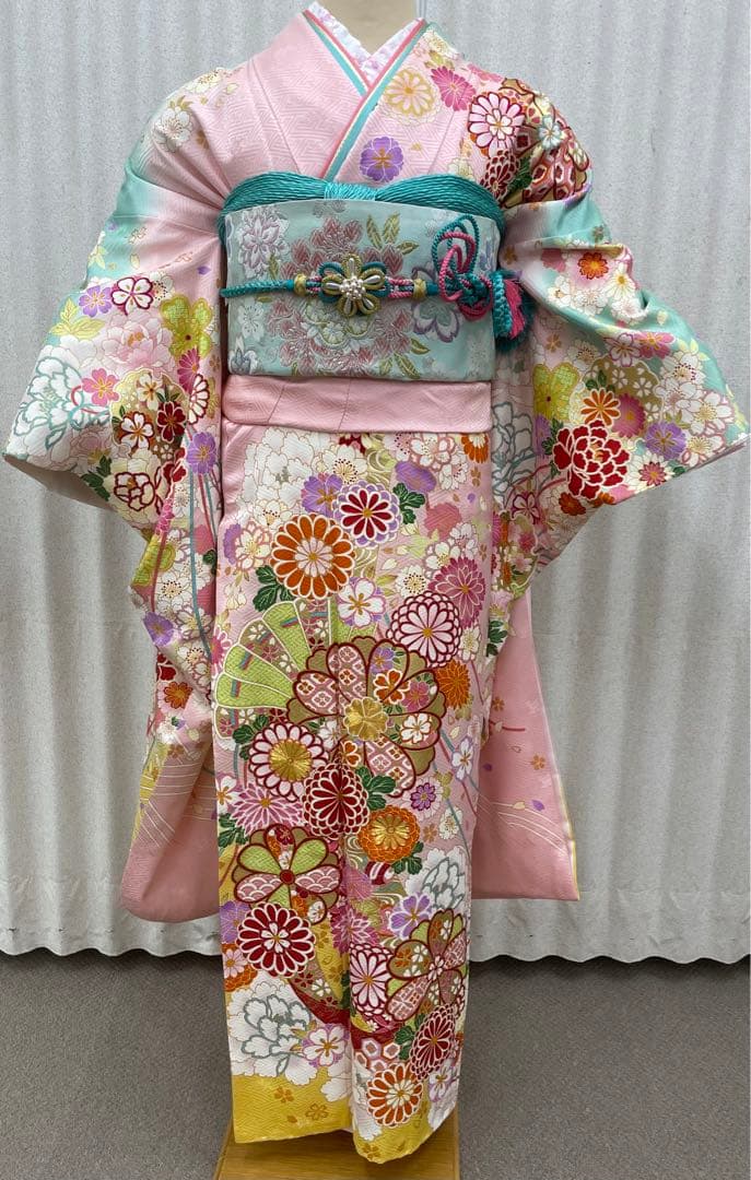 正絹　振袖　フルセット 楽天市場】【成人式 振袖 レンタル】RS1488 正絹 水色 桜松藤 MIIA