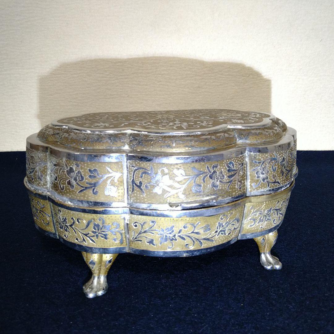 A967 インド銀製品 彫金 オルゴール稼働 宝石箱 小物入れ ジュエリーBOX
