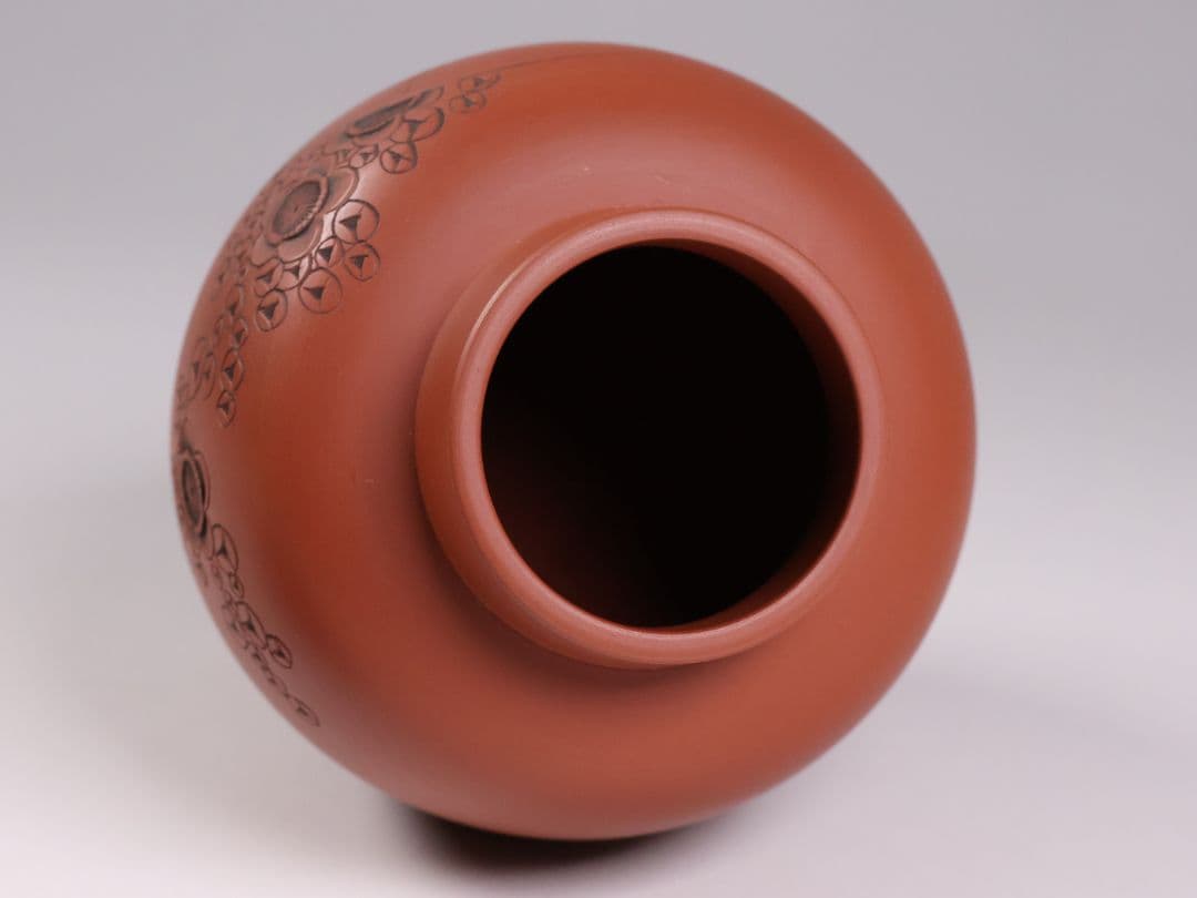 煎茶道具 陶元 常滑焼 朱泥 茶壺 梅彫紋 扇面寿 茶壷