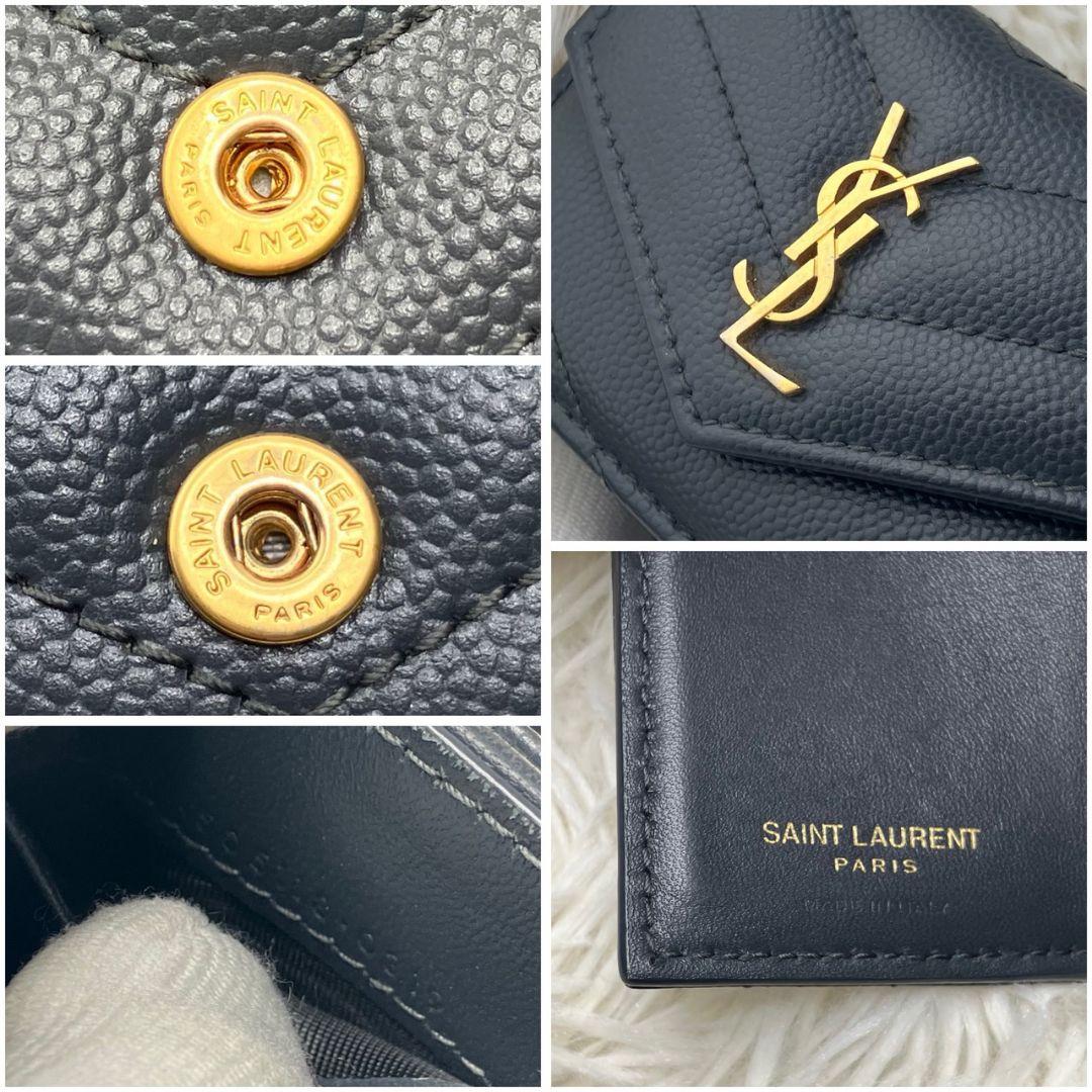 サンローラン 三つ折り財布 キャビアスキン YSLロゴ コンパクト 財布