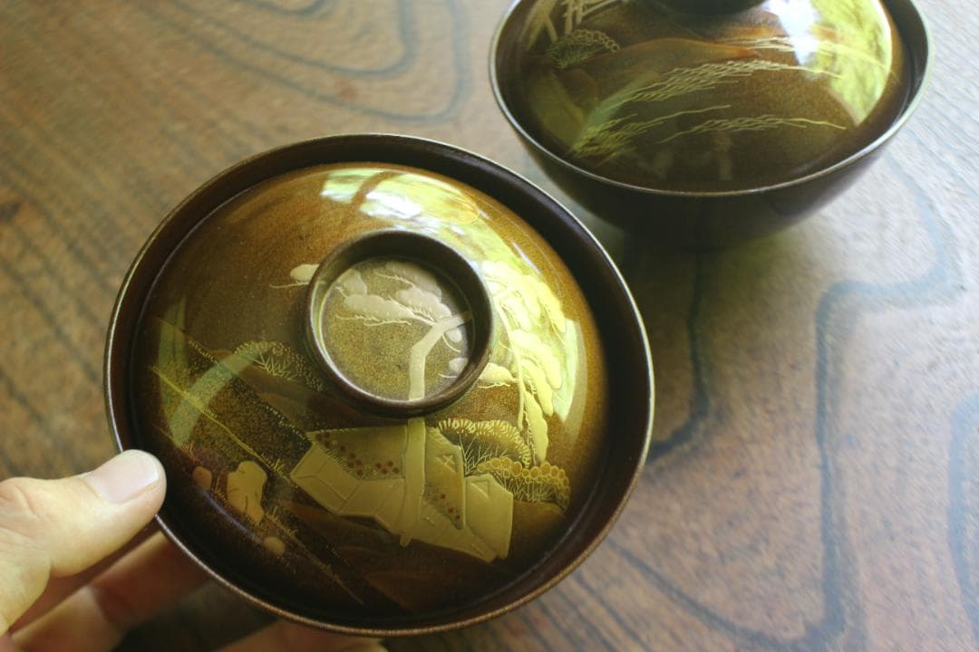 時代逸品！時代総梨地に優美な山水楼閣蒔絵の映えるお椀5点（検輪島塗蒔絵椀懐石椀