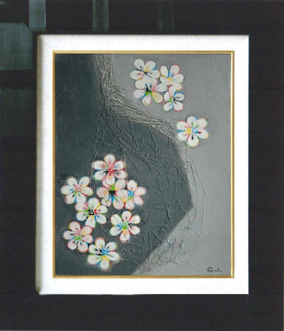 油絵 菅家令子 絵画 インテリア額付(青緑＋金色の枠) F4-090516 花