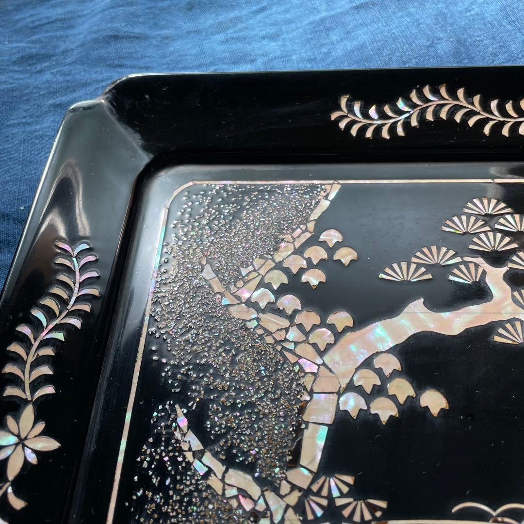 黒塗り盆 螺鈿 長方形 26㎝×35㎝ 漆器 盆 螺鈿細工 長方盆 木製 お盆