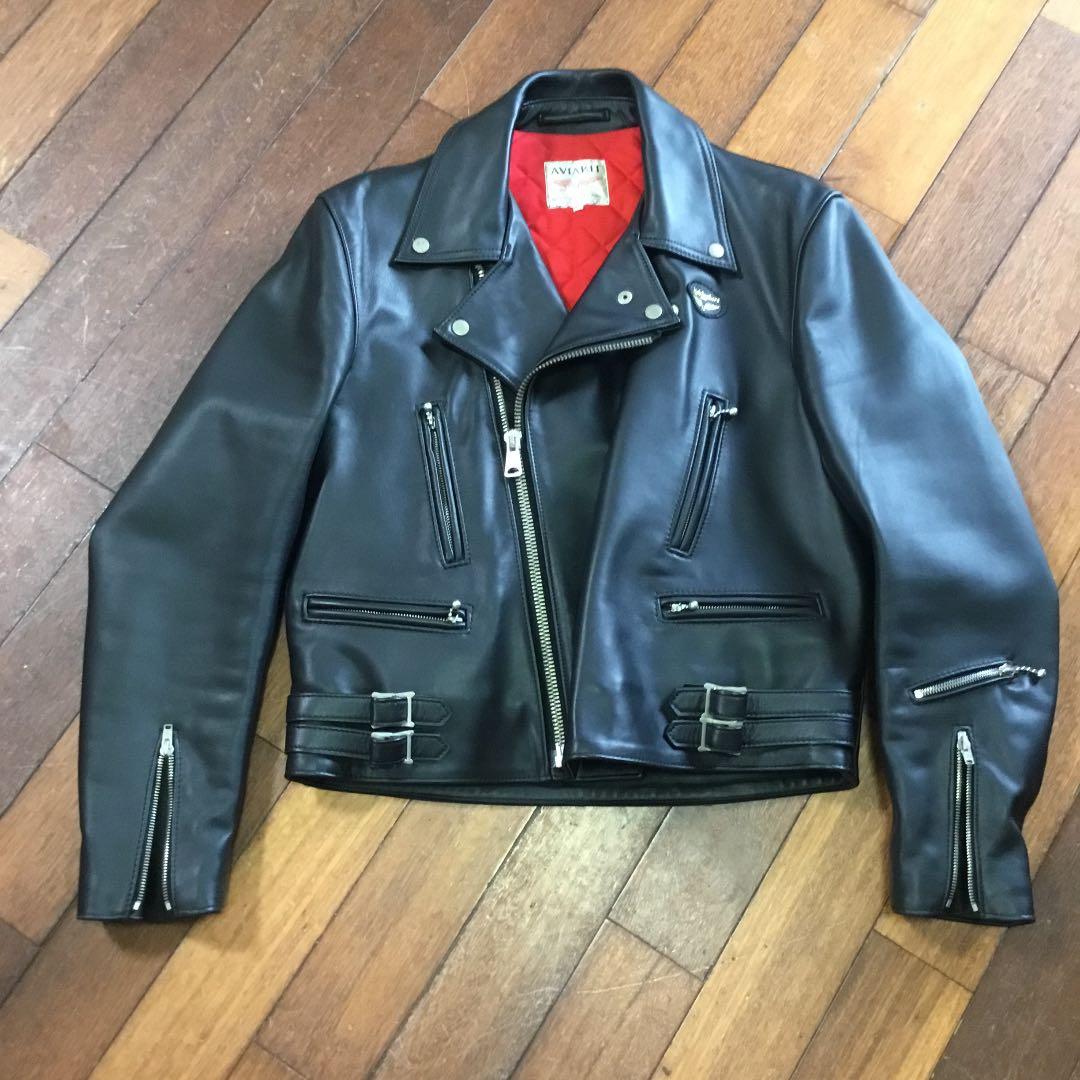 Schottクラッシックレーサーシングルライダース白地に袖青赤2本線牛革M