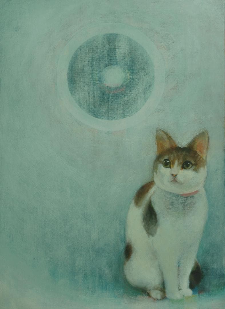 油絵 菅家令子 絵 絵画インテリア額付(青緑＋金色の枠)F4-091418 子猫
