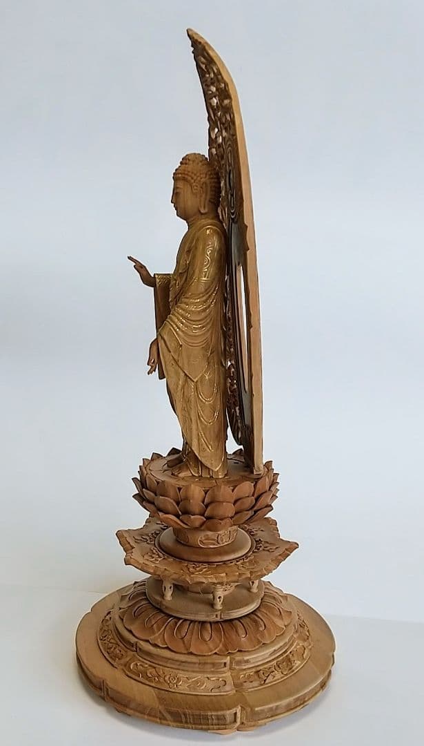 阿弥陀如来立像 5寸 #659+#557 台座 宝相華唐草 ◇白檀 木彫