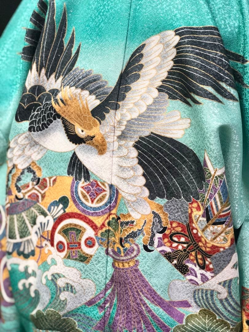 七五三 3歳　小柄　5歳　男の子　エメラルドグリーン　羽織　着物　袴　セット