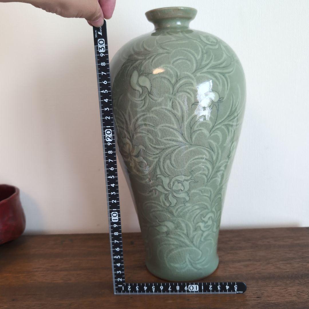 高麗青磁 白黒象嵌 朝鮮美術 梅瓶 骨董 陶芸 陶磁器 33.5cm高程