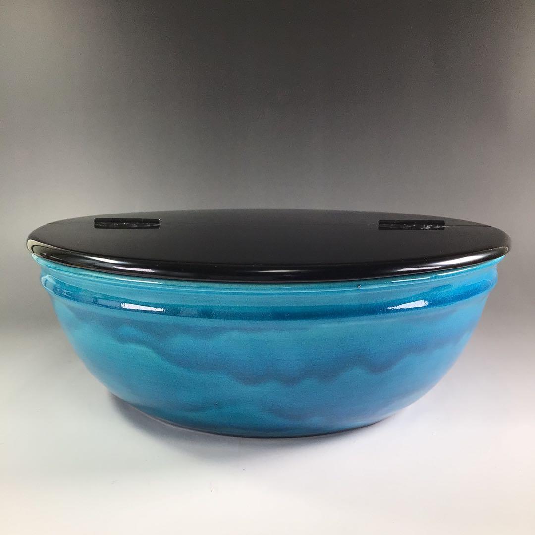 P858 水指 『加賀瑞山造』『トルコ釉』『青海波文』『平水指』 共箱