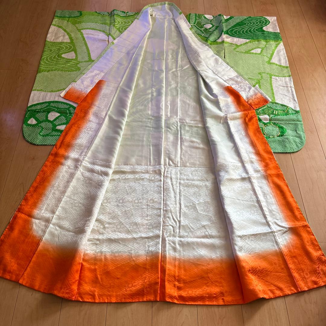 正絹 総絞り 黄緑×緑 疋田 源氏車 刺繍 振袖 着物単品 成人式