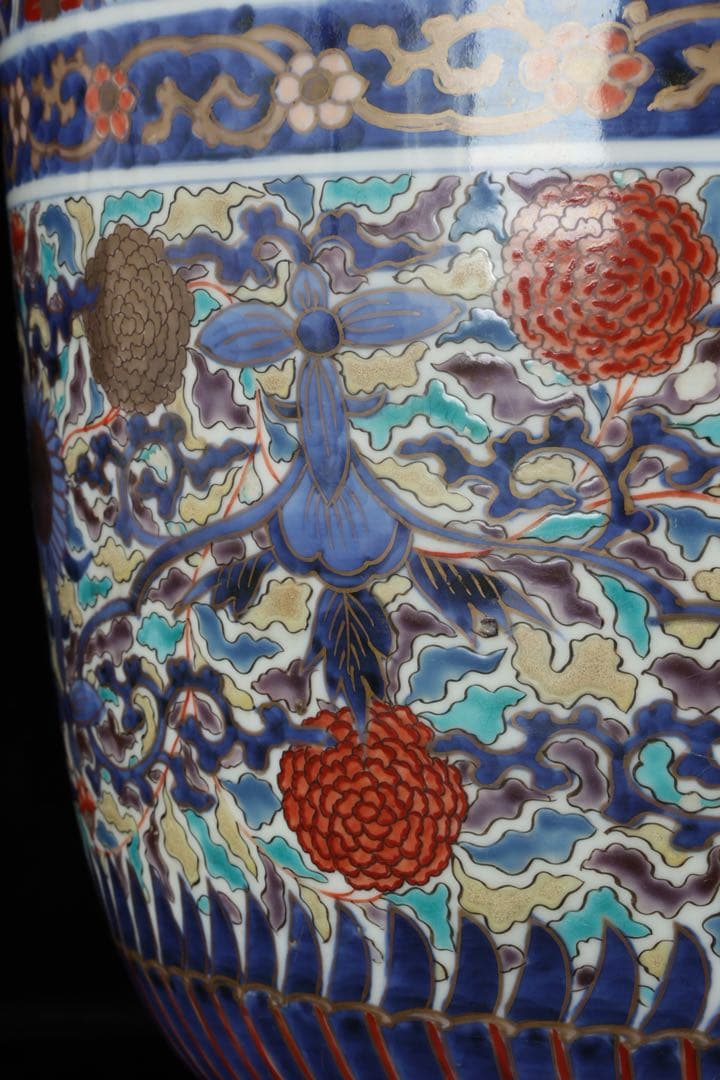 古伊万里】色絵金彩大鉢 菊牡丹文様 植木鉢 蘭鉢 盆栽鉢 火鉢 骨董