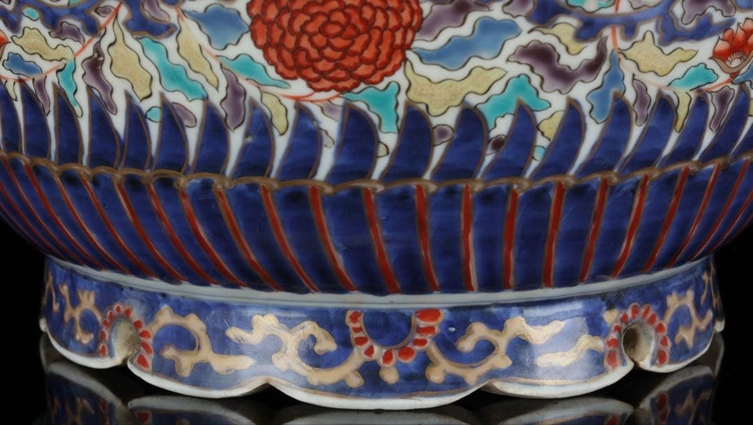 古伊万里】色絵金彩大鉢 菊牡丹文様 植木鉢 蘭鉢 盆栽鉢 火鉢 骨董