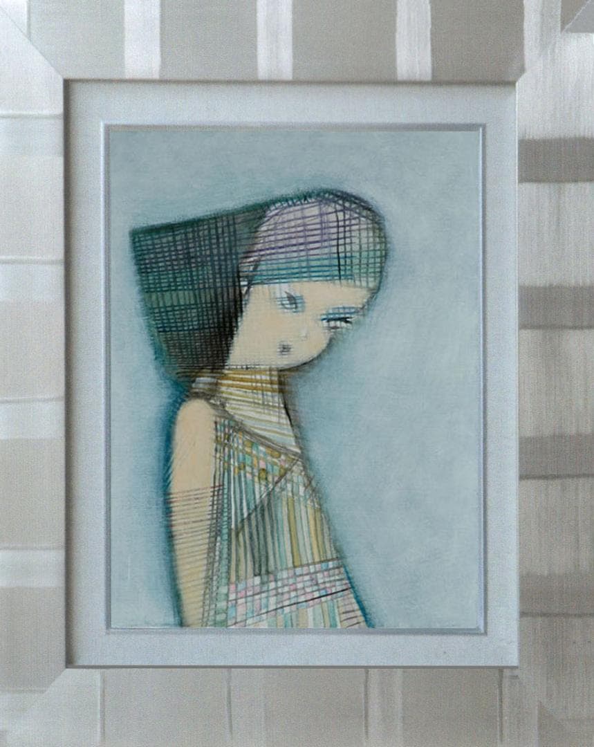 油絵 菅家令子 絵 絵画インテリア額付(青緑＋金色の枠) F4-071312