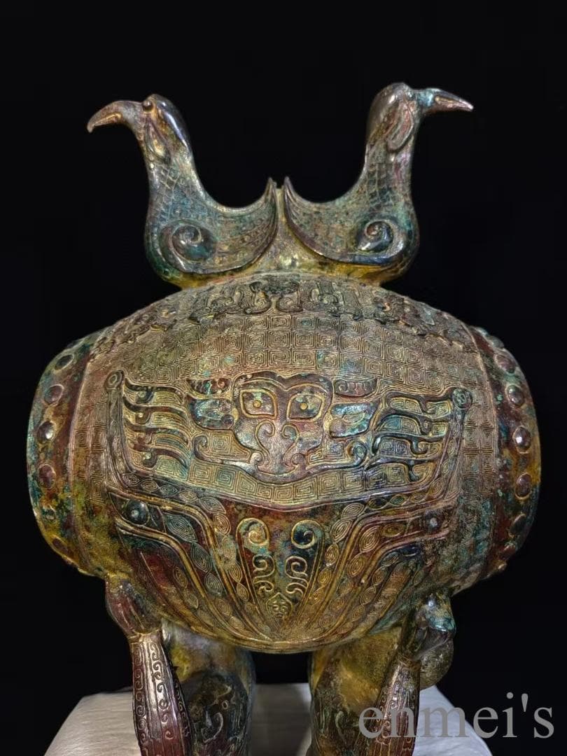 中国古美術 漢代 青銅器 跪人双鳥鼓 古代楽器 打楽器 禮楽器 青銅