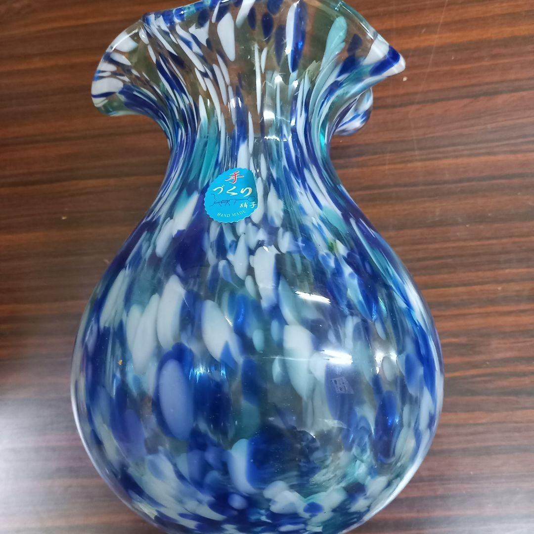 手作りガラス花瓶 青と白のマーブル模様 ハンドメイド フラワーベース