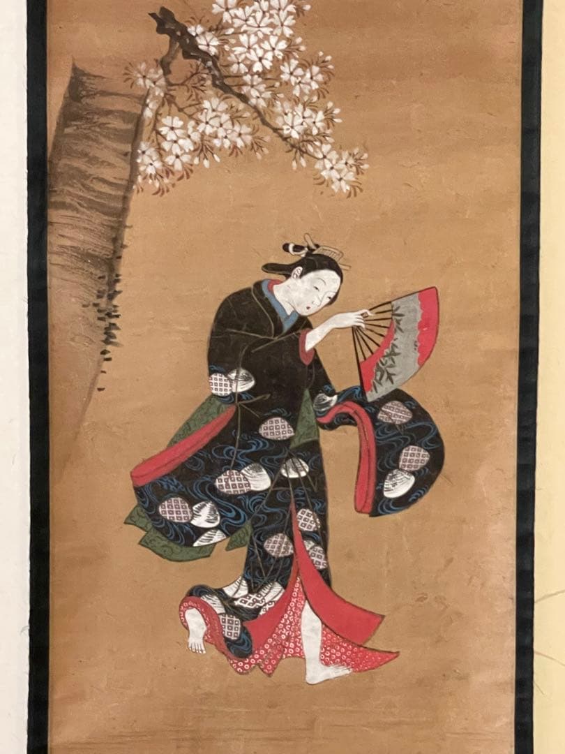 元禄 江戸前期 大津絵 若衆 桜 扇子 踊り 浮世絵 美人画 時代裂 肉筆画