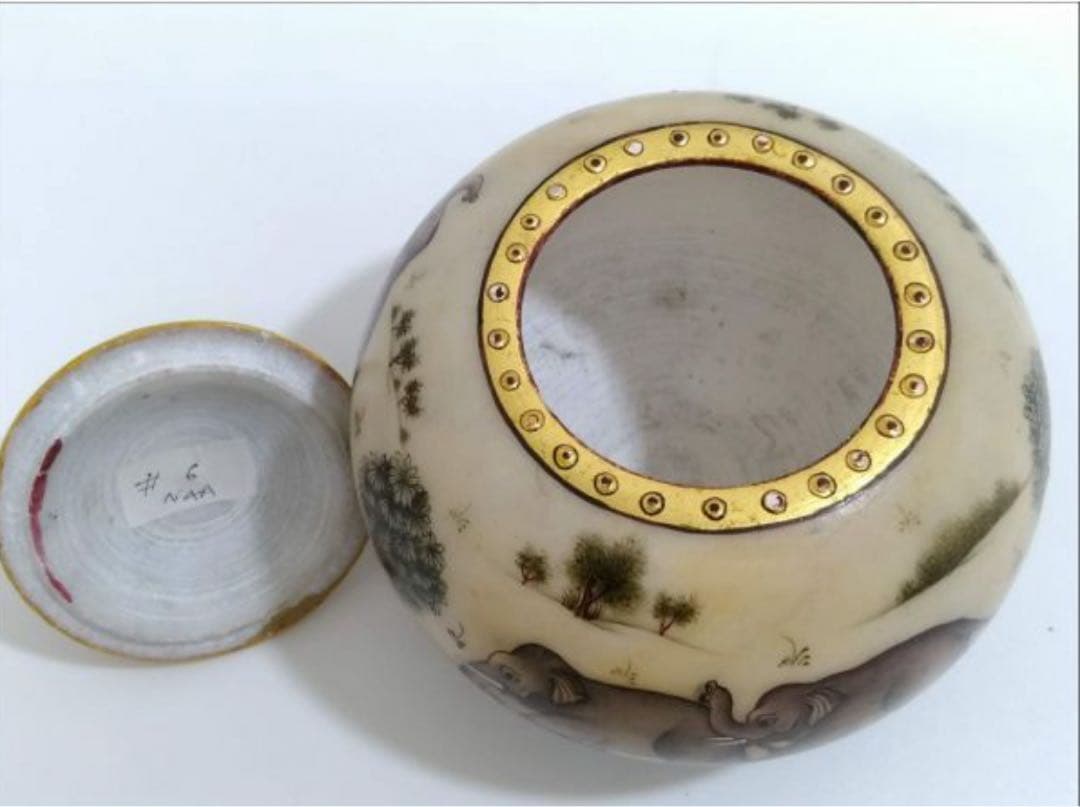 定価25, 手描き 象細密図 大理石 小物入 金彩仕上げ マハラジャ様式