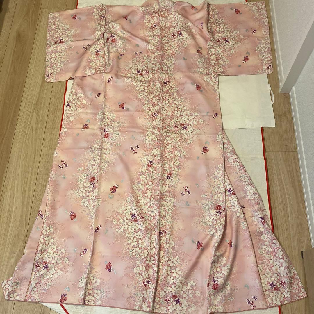 D81 訪問着 桜 手描き グレー ちりめん 縫い紋 正絹 着物 袷 極美品