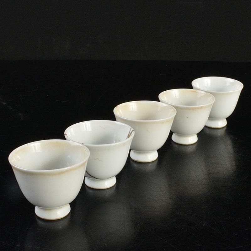 中国 南京白磁 染付寿文 煎茶碗 五客 時代箱付 金継ぎ直しあ M R6911