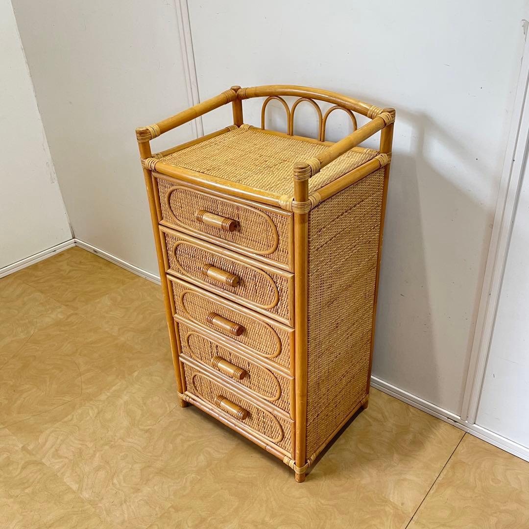 籐 ラタン 5段チェスト 引き出し 収納 タンス 電話台 スリム