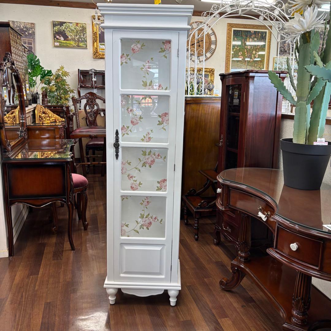 ホワイト 木製 スリムキャビネット アウトレット特価品 1ドアガラス