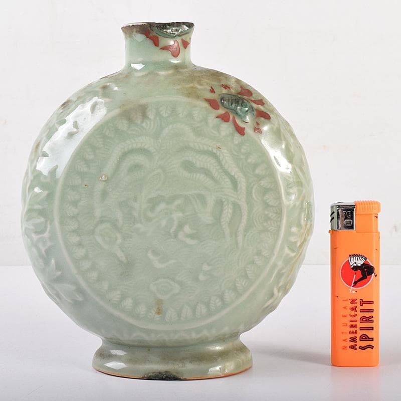 中国 龍泉窯 青磁 陽刻 龍鳳凰花文 扁壷 V R7826 中国 龍泉窯 青磁