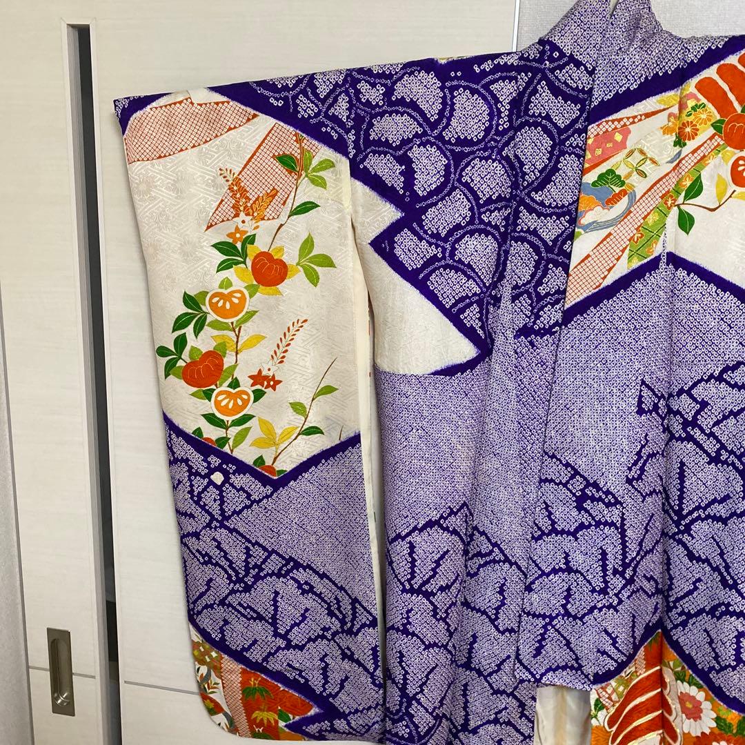 振袖 長襦袢 袋帯 3点セット 紺色 紫 有松絞り 鹿の子絞り 金駒刺繍 金彩