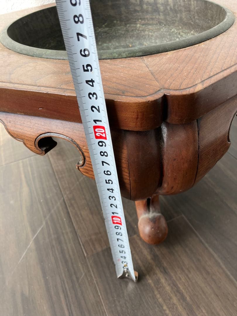 アンティーク 六角形木製火鉢金属皿付き