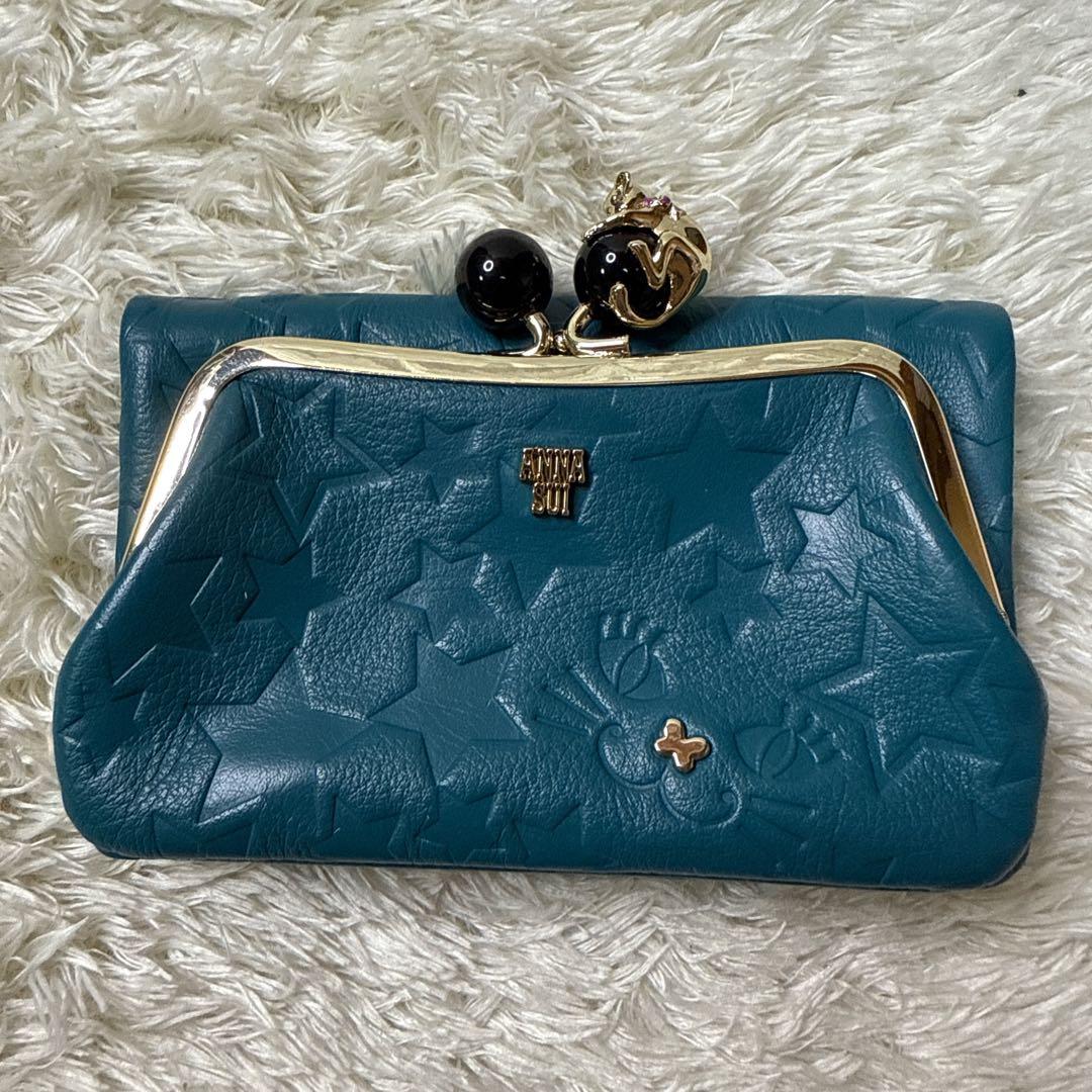 ANNA SUI 二つ折り財布 がま口 プレイングキャット ネコ ターコイズ