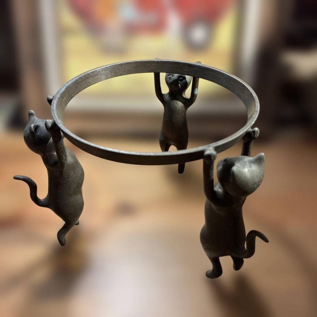 銅製 五徳 三猫 猫 火鉢 囲炉裏 茶道具 鍋置き 蓋置 金属工芸 三匹