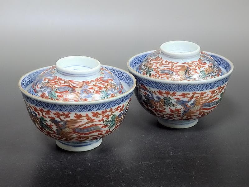 古伊万里　色絵　花唐草に鳳凰の図　蓋茶碗　２客C239A-B -BDg