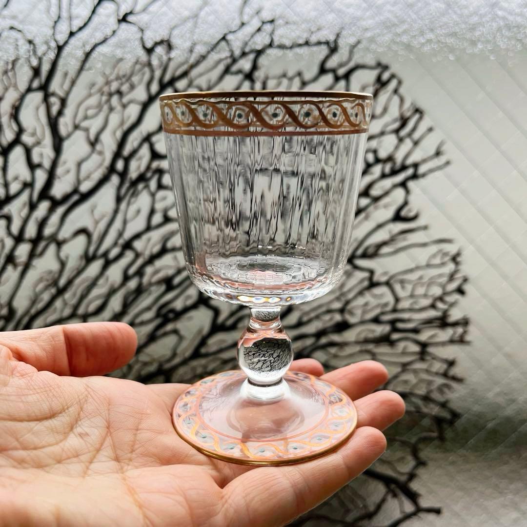 骨董 時代ガラス モールガラス 金彩 エナメル彩 薄張り 筒型 脚付