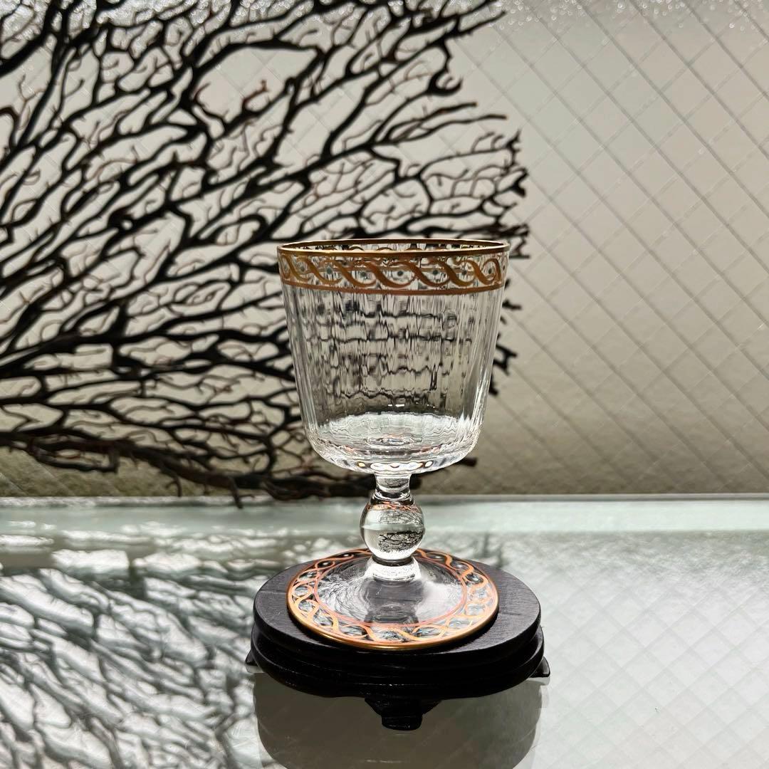 骨董 時代ガラス モールガラス 金彩 エナメル彩 薄張り 筒型 脚付