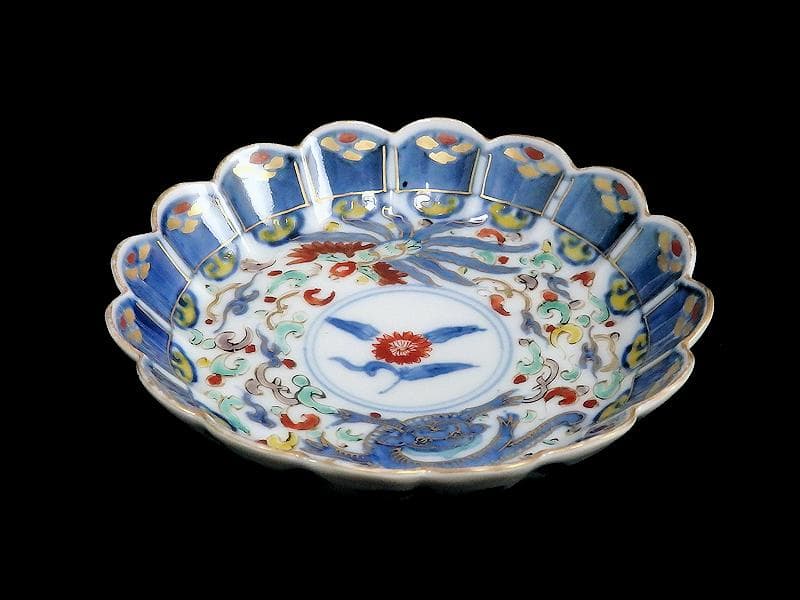 大聖寺伊万里　金襴手　鳳凰に雲龍の図　輪花４寸皿　３枚　E343AS-CBr