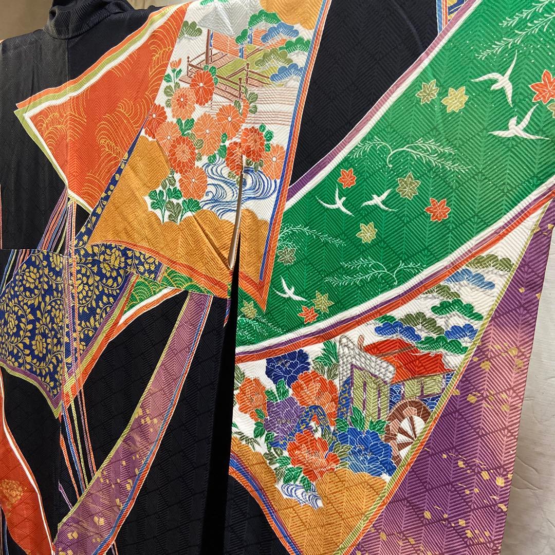 A 振袖 袷 正絹 黒地 お姫様 御所車 菊 菖蒲 着物 和装 和物 成人式