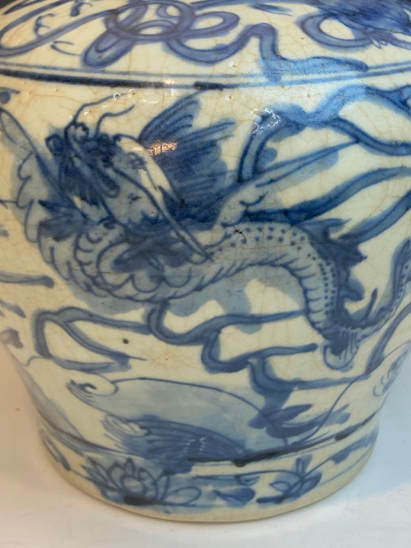 古染付龍獅子紋壷 明時代 中国古陶磁 花瓶