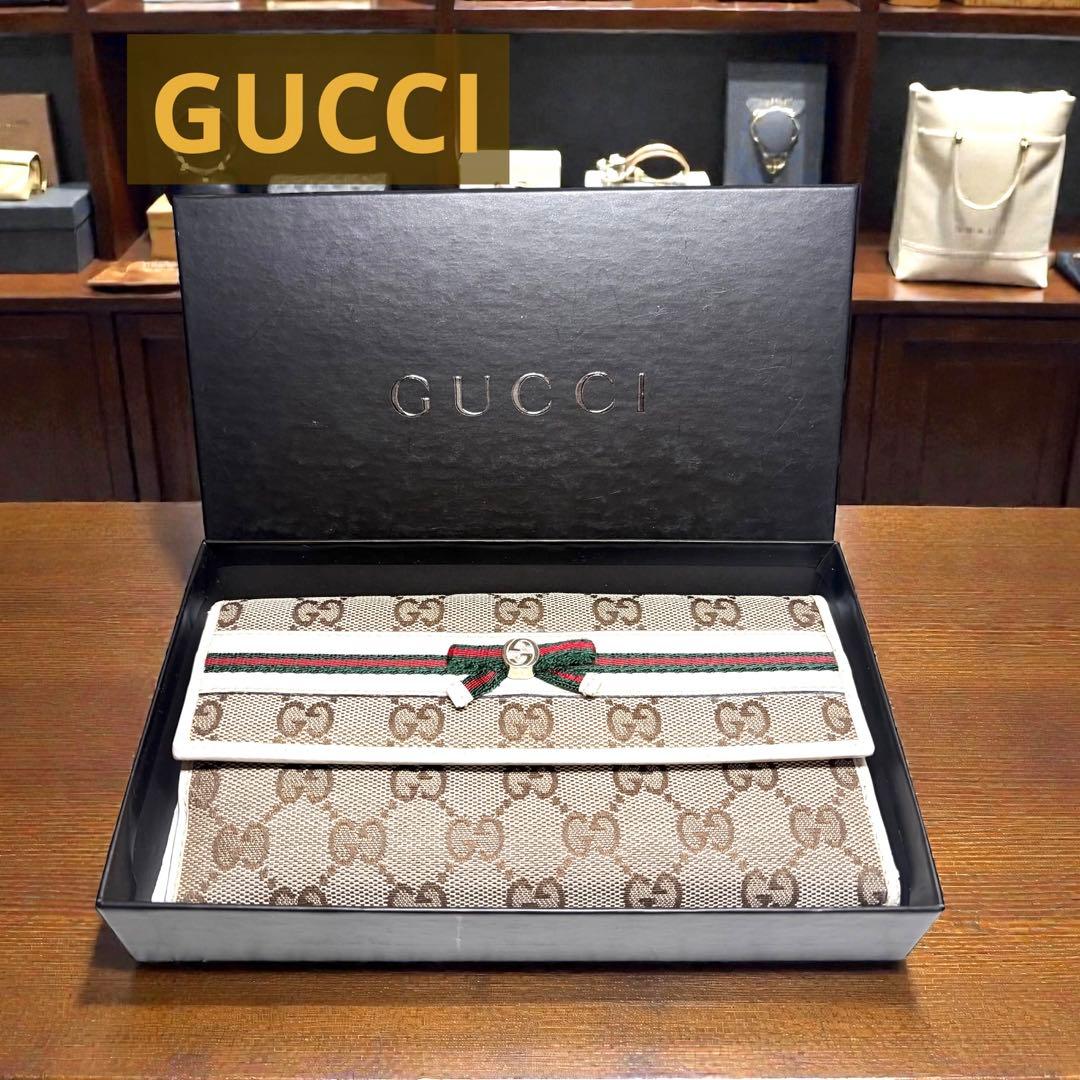 良品 GUCCI グッチ GG 長財布 リボン シェリーライン 箱付 キャンバス