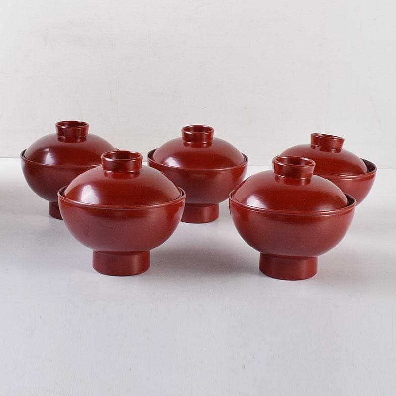 和食器　松谷窯　内染付　陶漆　蓋物　蓋碗　５客　共箱　M　R8058C