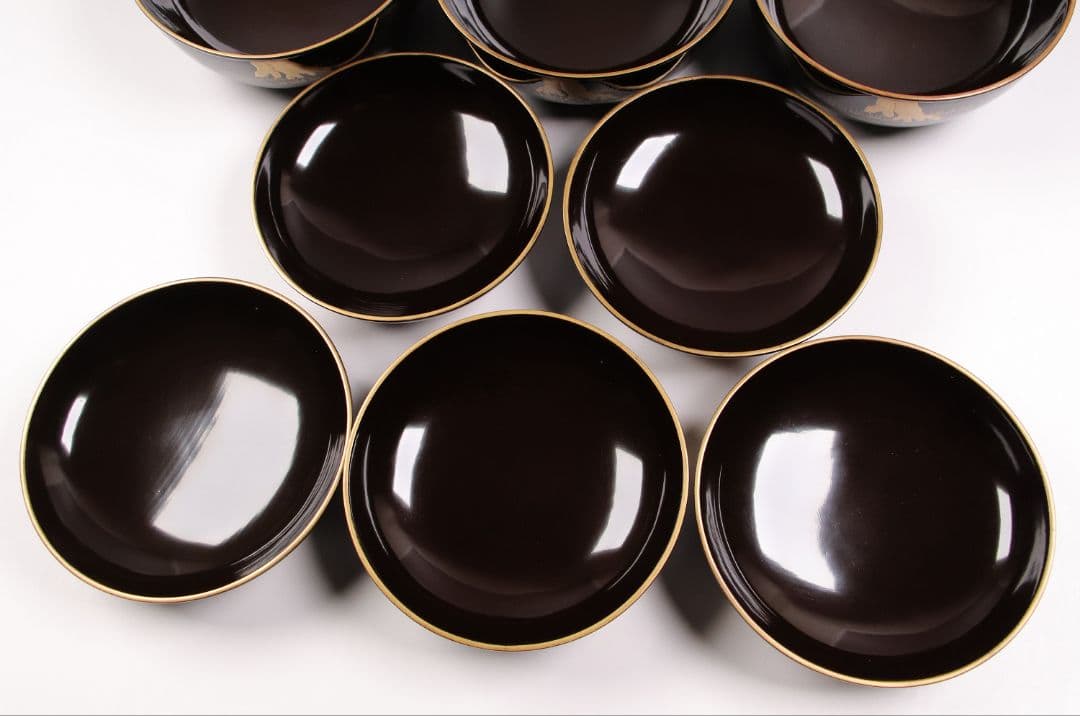 CG79 時代輪島塗 梅金蒔絵 金縁 黒塗椀 五客 木製漆器 / 懐石煮物吸物