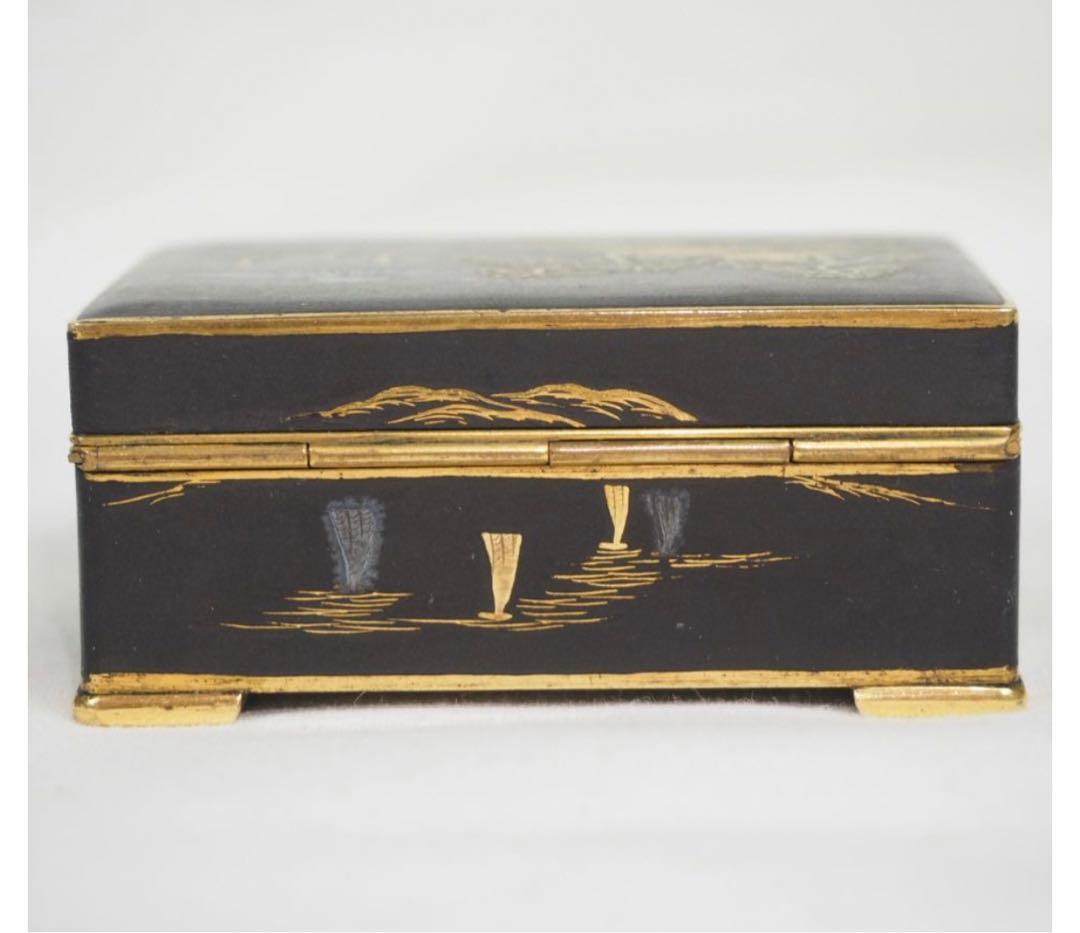 送料無料　明治期名工　藤井美豊作　金象嵌山水富士山図小箱 内金鍍金　木箱付