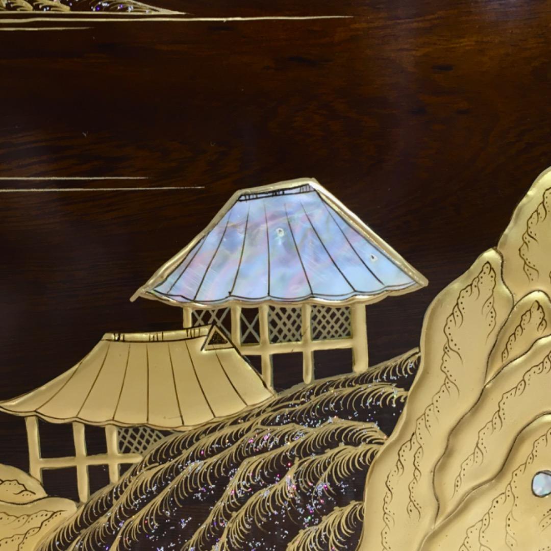 勝峰作】花台 飾り台 螺鈿細工 金彩蒔絵 机 ガラス付属 ②