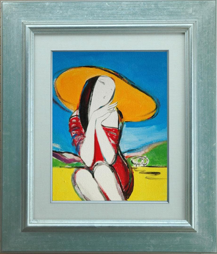 油絵 菅家令子 絵 絵画インテリア額付(青緑＋金色の枠)F3-010511 女性