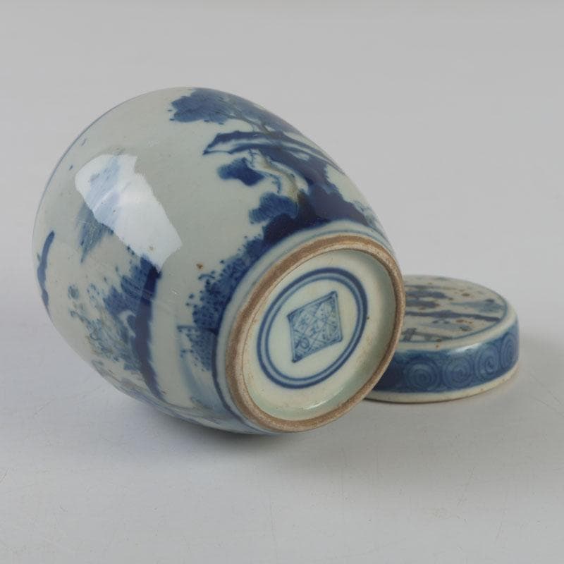 中国 青花 山水花鳥文 蓋壷 Z 8619 中国 青花 山水花鳥文 蓋壷